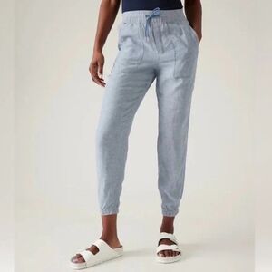 Athleta Retreat Blue High Rise 100% Linen Jogger Pockets Lightweight, Size 10
